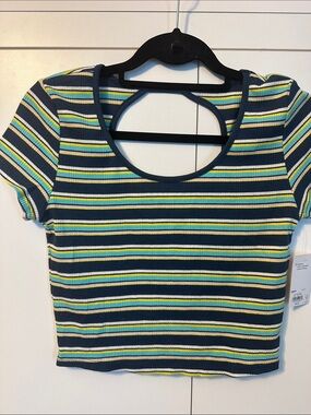 SO NWT Navy Striped Ribbed Crop Top with Yellow & Light Green Stripes